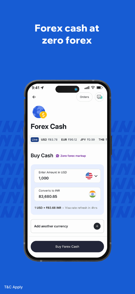 Niyo app interface for buying forex cash at zero markup with live currency converter