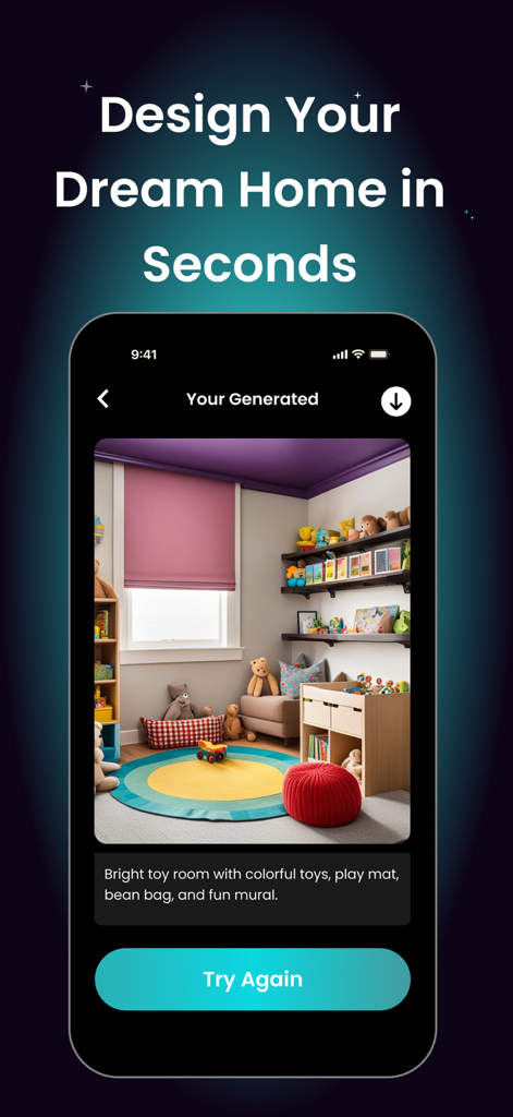 AI-generated interior design of a colorful children's toy room featuring a red bean bag and play mat