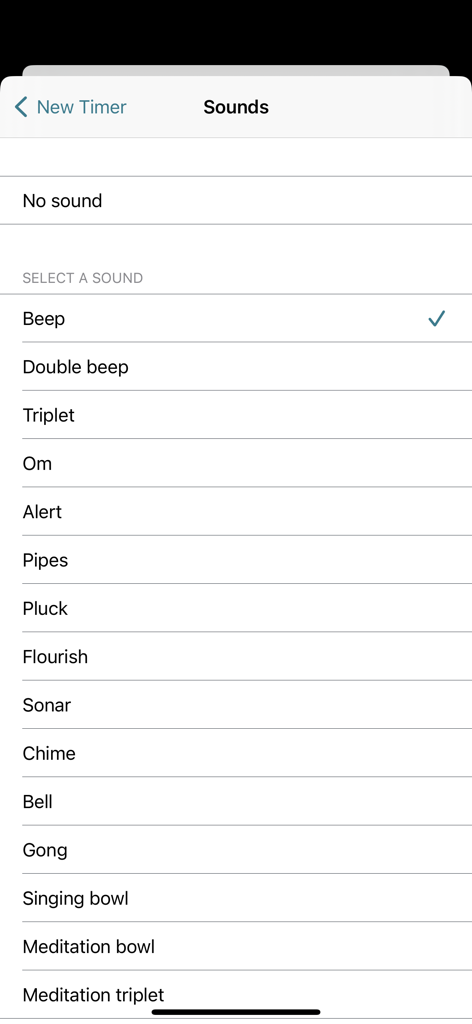 Next Up Pro - Interval Timer - A menu listing various notification sounds for intervals in the Next Up Pro app
