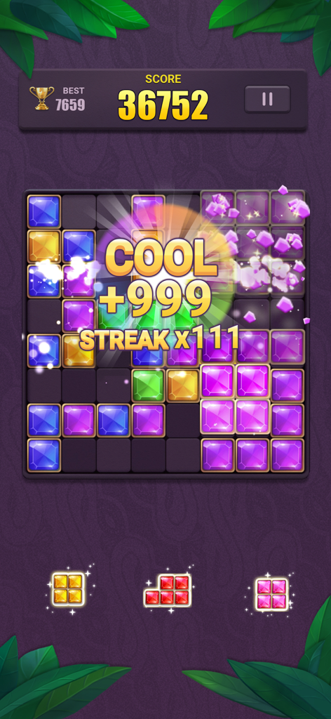 Block Puzzle: Jewel Blast - Gameplay screenshot of Block Puzzle Jewel Blast showing a high score and streak combo