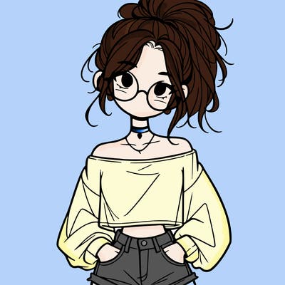 girl with a messy ponytail glasses a baggy crop top and jean shorts