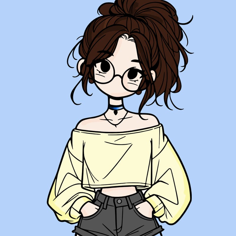 girl with a messy ponytail glasses a baggy crop top and jean shorts