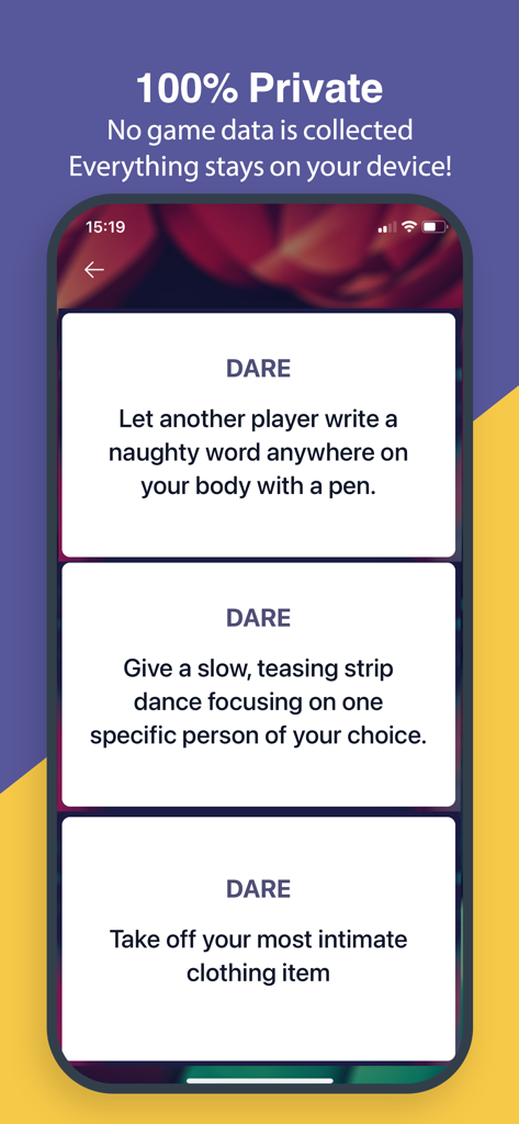 Truth or Dare AI -  Dirty Game - Screenshot of Truth or Dare AI app showing spicy dare challenges and a 100 percent private security message