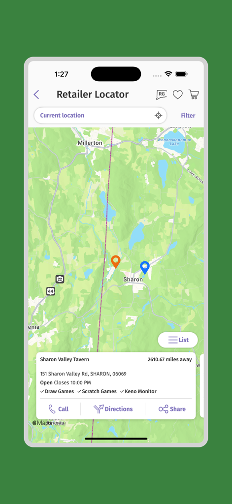 CT Lottery - Retailer locator screen in the CT Lottery app showing a map and local store details