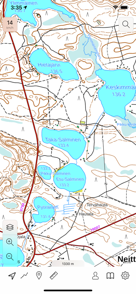Mapa topográfico detallado de lagos y terreno finlandeses en la aplicación