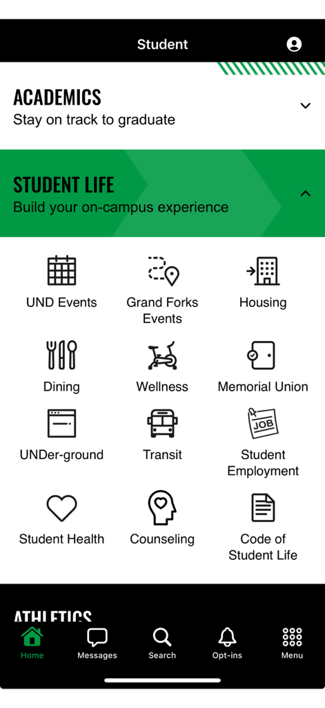 My UND - Screenshot of the My UND app showing the student life dashboard with icons for dining housing transit and campus health services