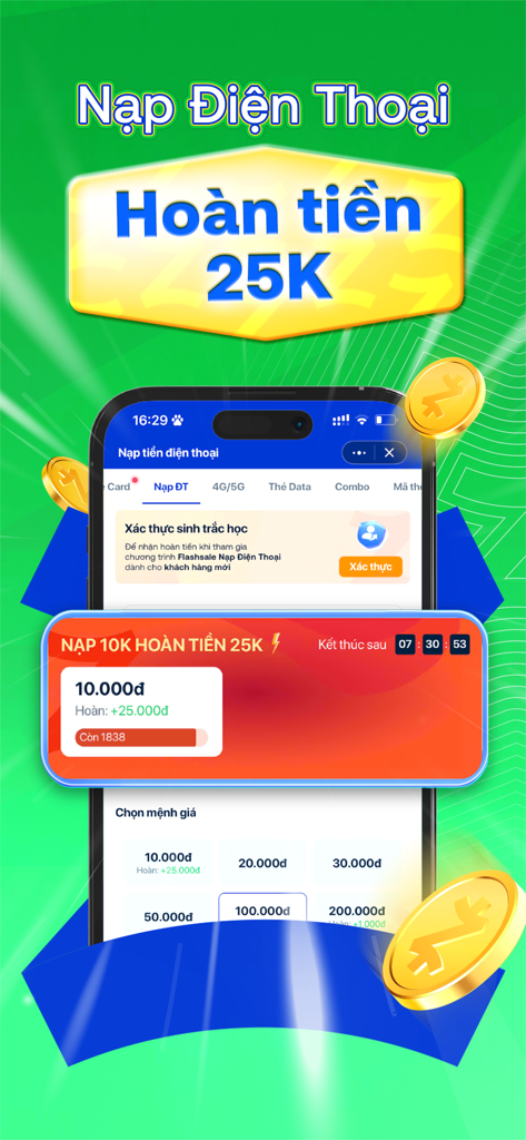 Zalopay mobile app screen featuring a cashback promotion for phone top-ups