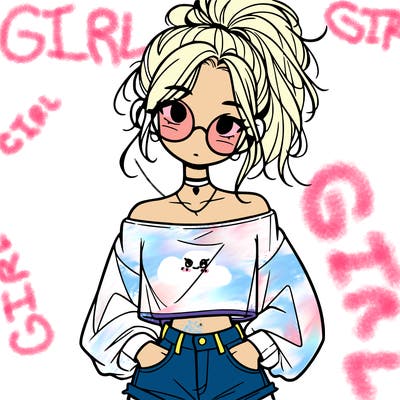 girl with a messy ponytail glasses a baggy crop top and jean shorts