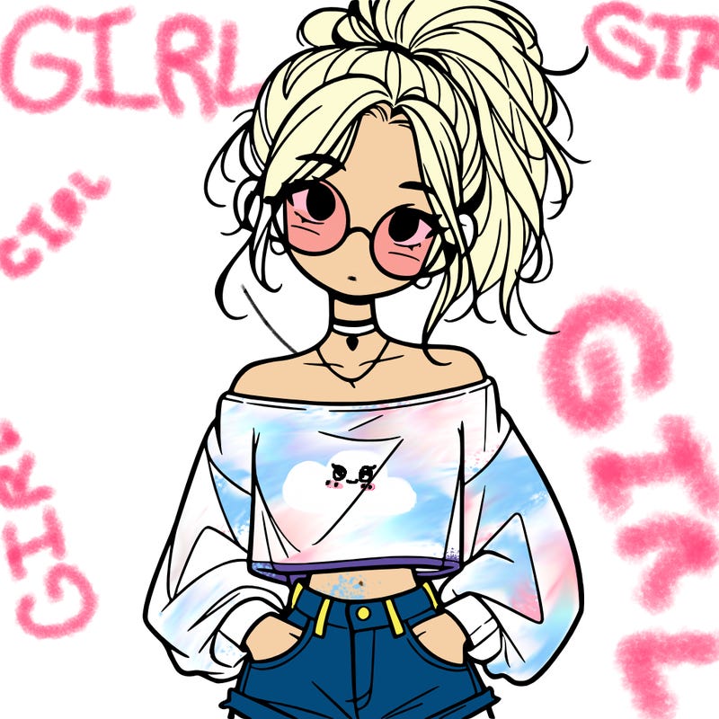 girl with a messy ponytail glasses a baggy crop top and jean shorts