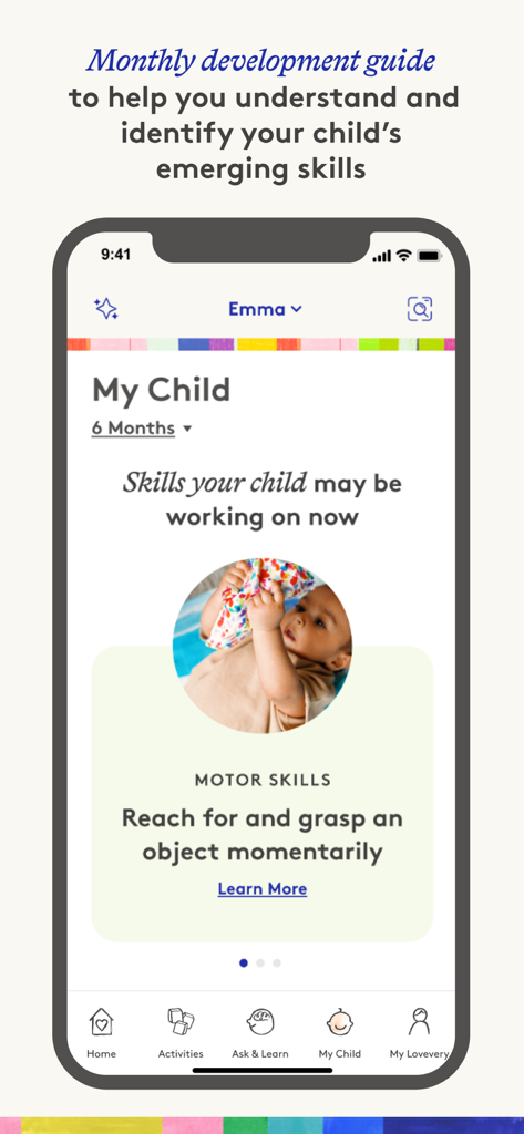 Lovevery: Baby & Toddler App - Screenshot dell'app Lovevery che mostra la sezione Il mio bambino con le tappe fondamentali dello sviluppo motorio per un bambino di 6 mesi