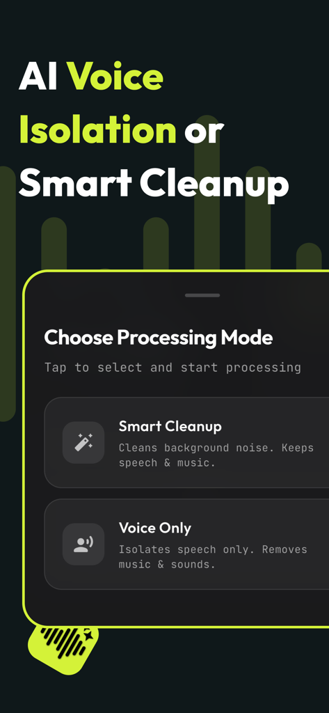 Noise Reducer & Recorder - Mobile app interface showing AI processing options for Smart Cleanup and Voice Only isolation