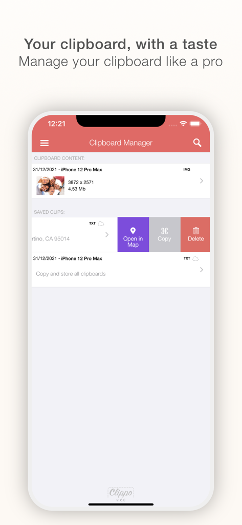 Clippo - Clipboard manager - Clippo app interface displaying a list of saved clipboard clips with quick actions like Open in Map and Copy.