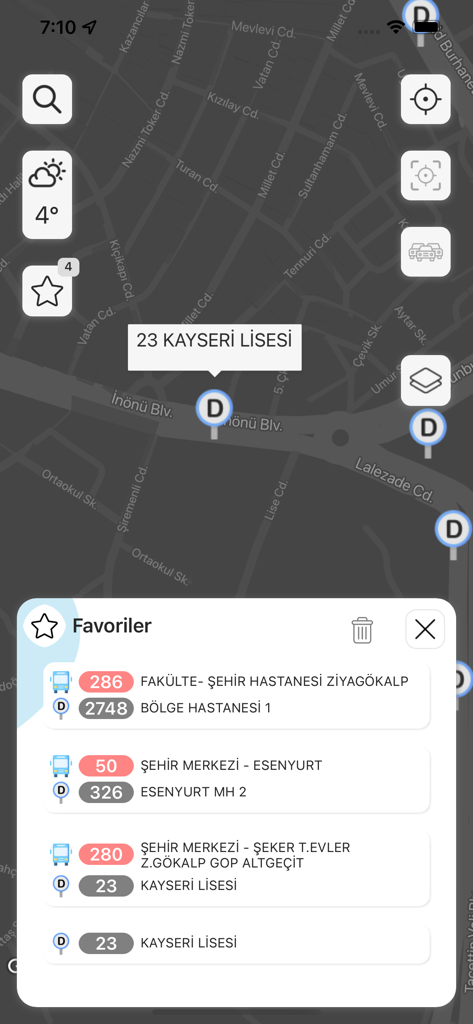 KBB Trafik - Vista mappa dell'app KBB Trafik con un elenco di percorsi autobus e fermate preferite a Kayseri