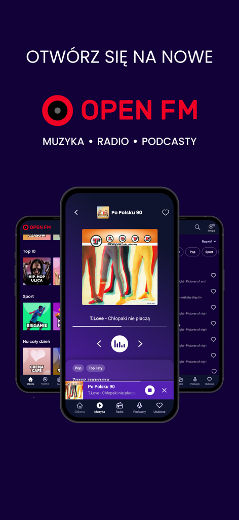 Open FM - Open FM mobile app interface showcasing a variety of Polish music, radio stations, and podcasts.