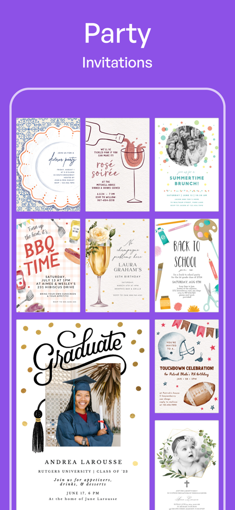 Eine Auswahl an anpassbaren Party-Einladungsvorlagen innerhalb der App mit Designs für Abschlussfeiern, BBQs und Brunches.