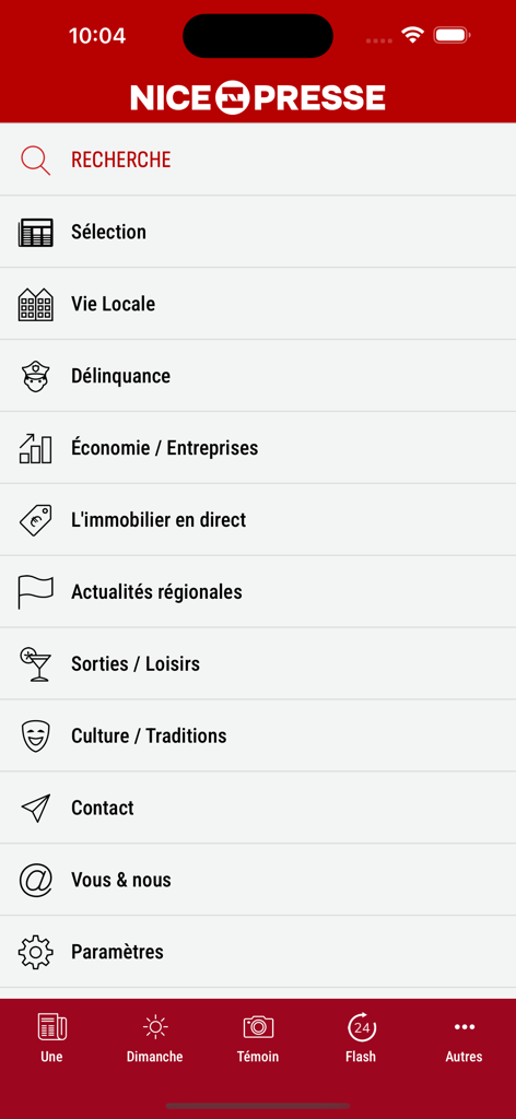 Nice-Presse - Main menu of the Nice-Presse mobile app showing local news categories like economy real estate and culture