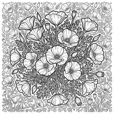 Explore the vibrant beauty of California poppies with this captivating coloring page, specially crafted for teens. Featuring intricate details and a full floral composition, it's perfect for a creative escape.