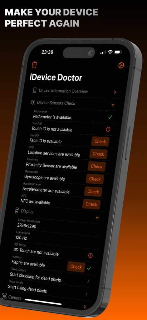 iDevice Doctor - iDevice Doctor app interface showing hardware sensor checks and display diagnostics for iPhone