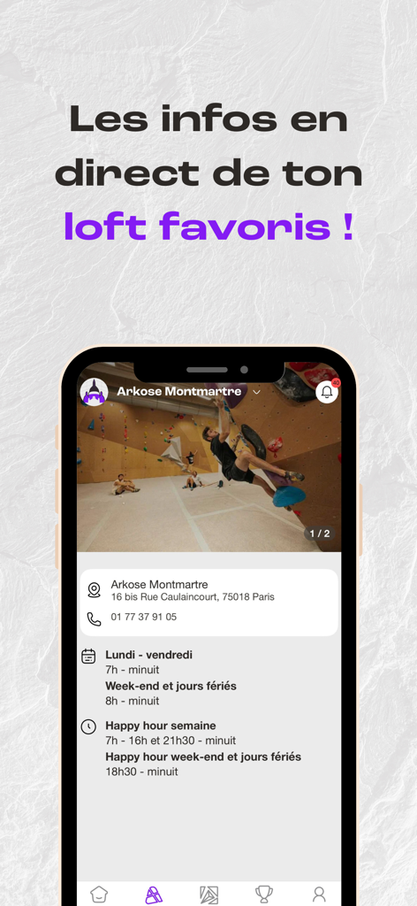 Arkose+ - Arkose plus app screen showing climbing loft details including opening hours and location