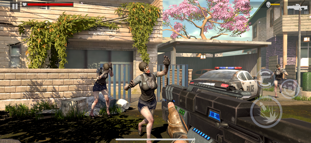 Zombie Fire 3D: Offline Game - First person shooter gameplay from Zombie Fire 3D showing a player aiming a futuristic gun at zombies in a residential area