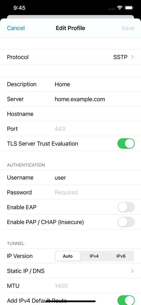 Screenshot della schermata Modifica Profilo nell'app SSTP Connect che mostra le opzioni di configurazione VPN