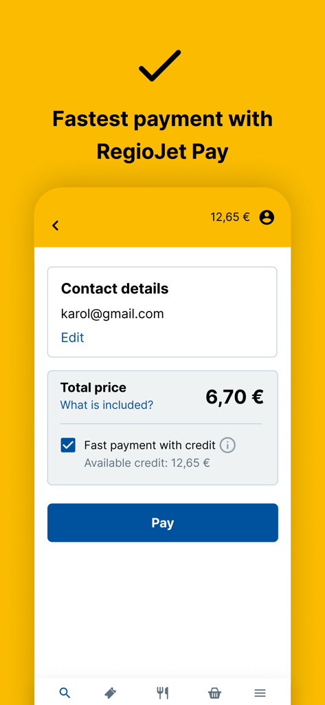 RegioJet app checkout screen showing the total price and fast payment option with credit