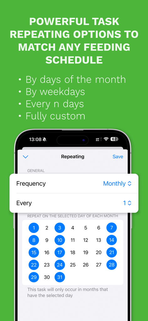 Grow.Point app screen showing custom task repeating options for plant feeding schedules with a monthly calendar view.