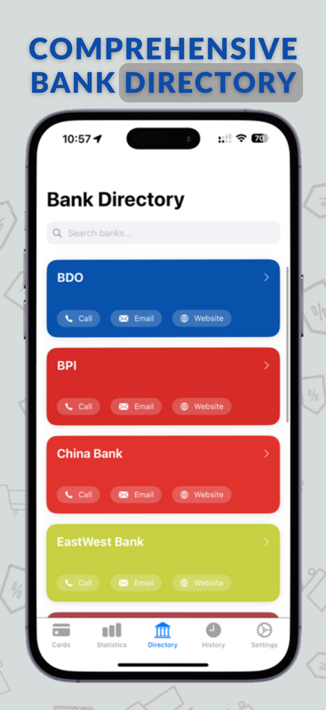 A smartphone screen displaying the comprehensive bank directory of the KasKas Savvy app with contact buttons for various banks