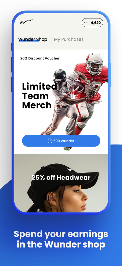 Wunderfan - Der Bildschirm „Wunder Shop“ in der Wunderfan-App, der Sportartikel-Belohnungen und Rabatte anzeigt, die mit Punkten erhältlich sind.