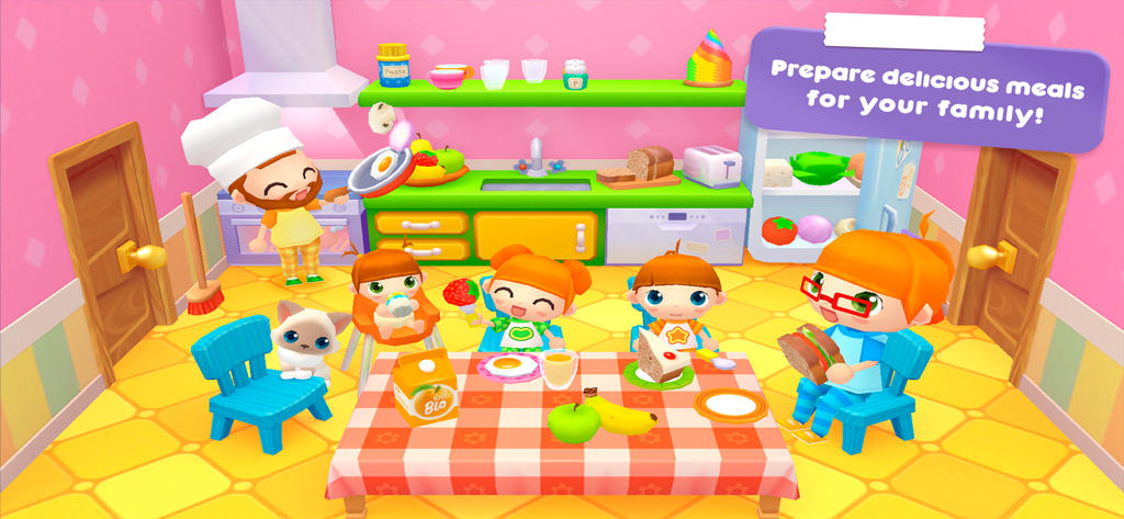 A cartoon family preparing and eating meals in a colorful kitchen.