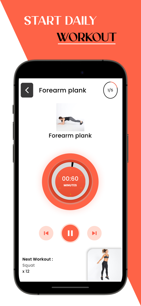 Home Workout No Equipments - FitLife app interface showing a forearm plank exercise demonstration with a countdown timer.