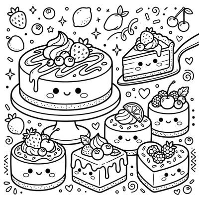 Dive into a world of sugary cuteness with this adorable Kawaii Cheesecakes coloring page. Featuring a delightful array of smiling desserts, it's perfect for anyone who loves sweet treats and charming art.