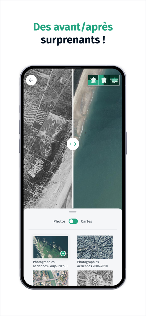 Historical aerial photo comparison in the Cartes IGN app