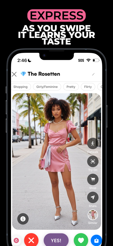 AI fashion app interface showing a model in a pink dress with swipe to style and virtual try on buttons
