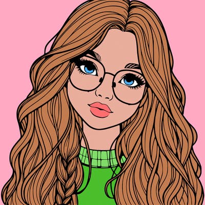 girl with long hair and freckles and glasses realistic