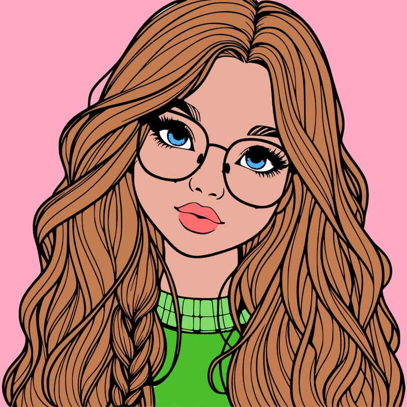 girl with long hair and freckles and glasses realistic