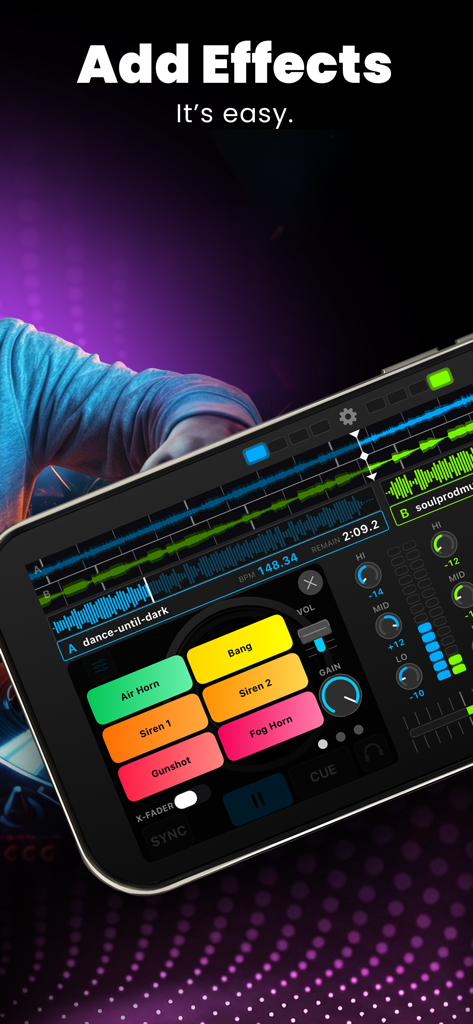 DJ Mixer App: ClubDJ Pro FX - Smartphone screen showing the DJ Mixer app sampler pads for air horn and siren effects
