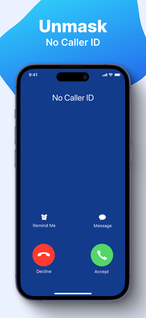 TrapCall interface showing an incoming No Caller ID call on an iPhone screen