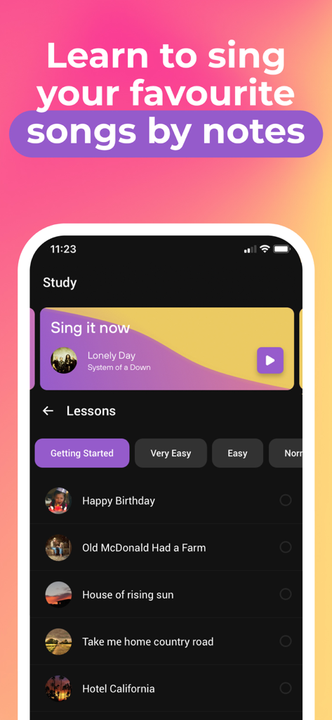 Learn to sing with Vocaberry - Vocaberry app interface showing a list of songs for singing practice