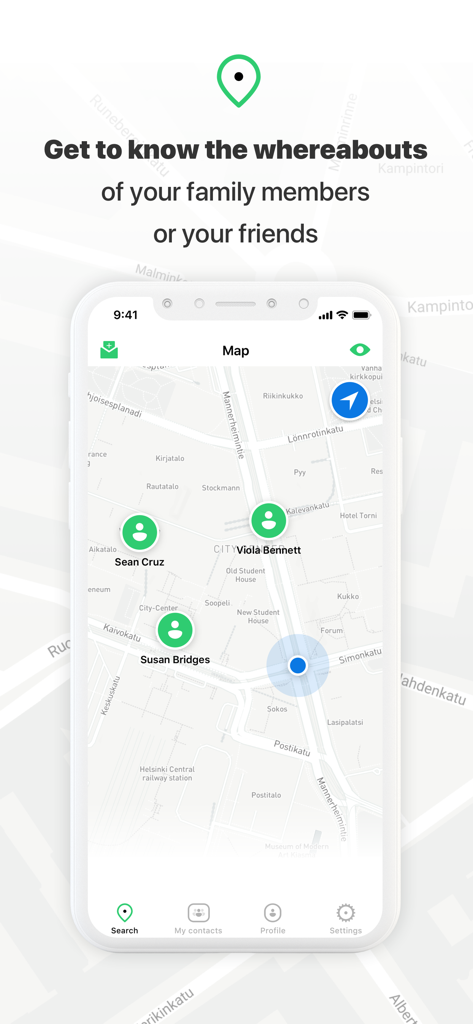 Interface de mapa do aplicativo Localizador de Amigos mostrando as localizações de contatos em um mapa da cidade