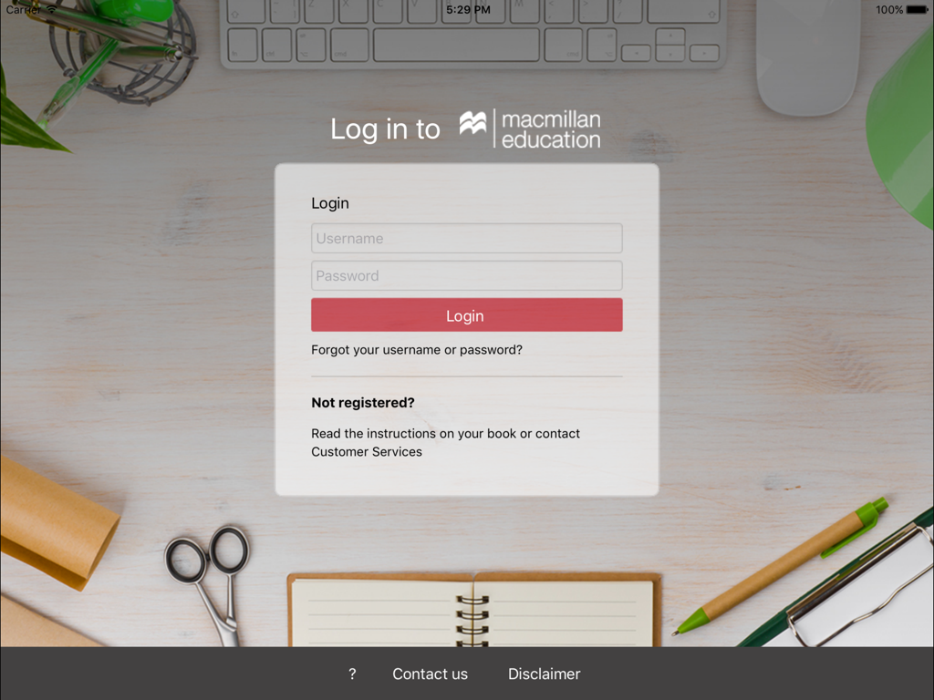 MEE2 - Mac Ed Everywhere - Login screen for the MEE2 Macmillan Education mobile app