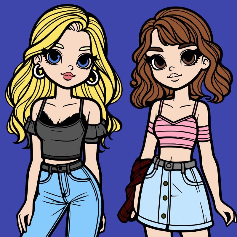 2 girls were just longhair a cropped up in jeans and the other with medium hair a tank top and a skirt