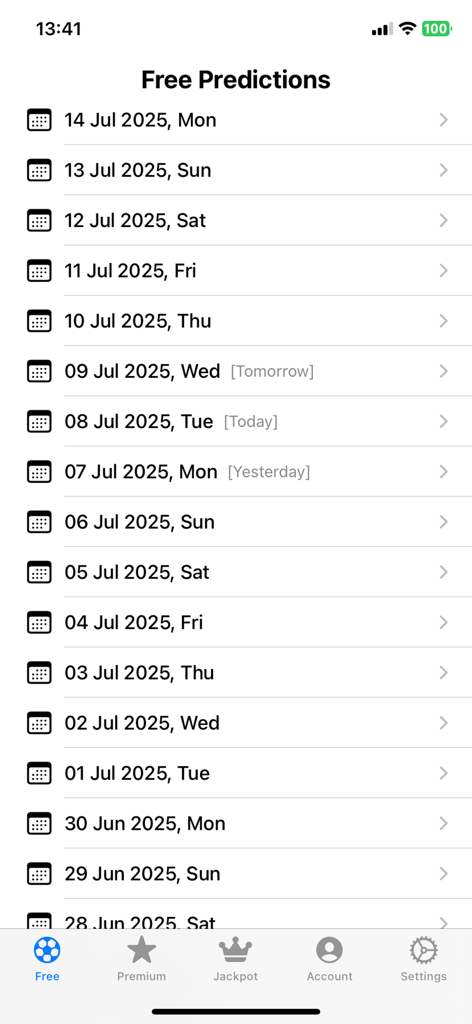 A chronological list of free football predictions in the Soccer Platform app interface.