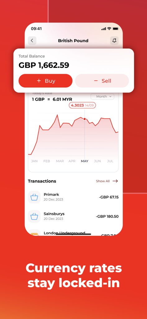 Interface showing a British Pound balance and currency exchange rate chart in the Merchantrade Money app.