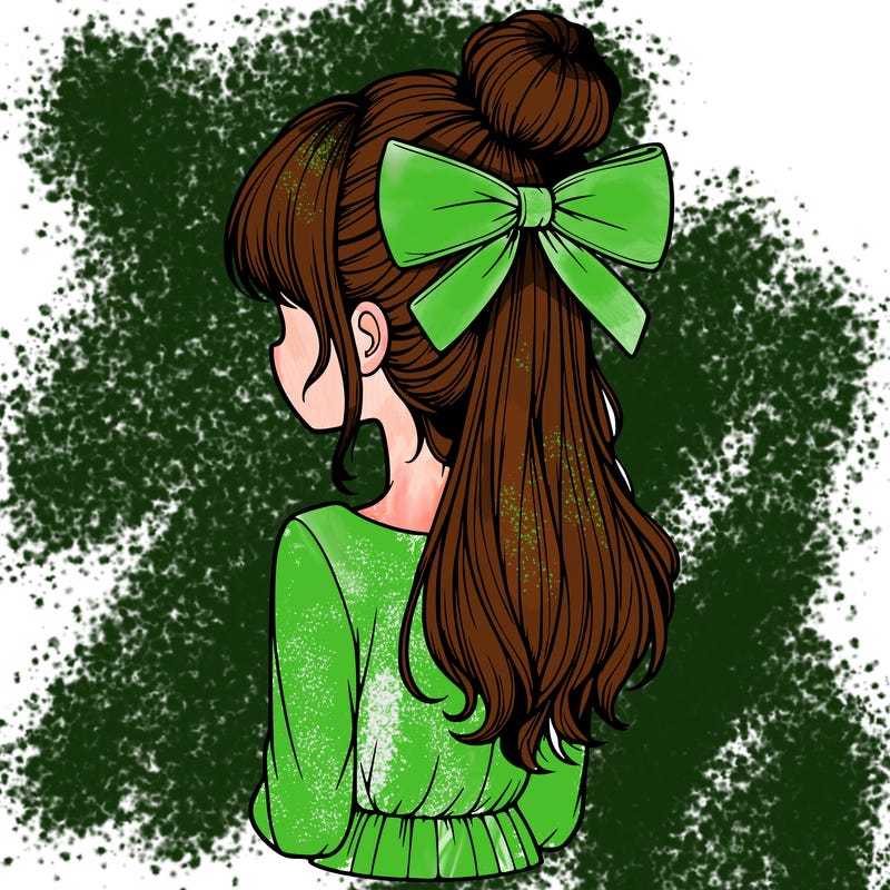 realistic girl  with hip length hair a bun and a big bow on the back of head