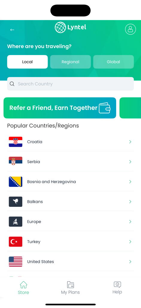 Lyntel eSIM - Lyntel eSIM app interface displaying local and global travel data plans with a list of popular countries