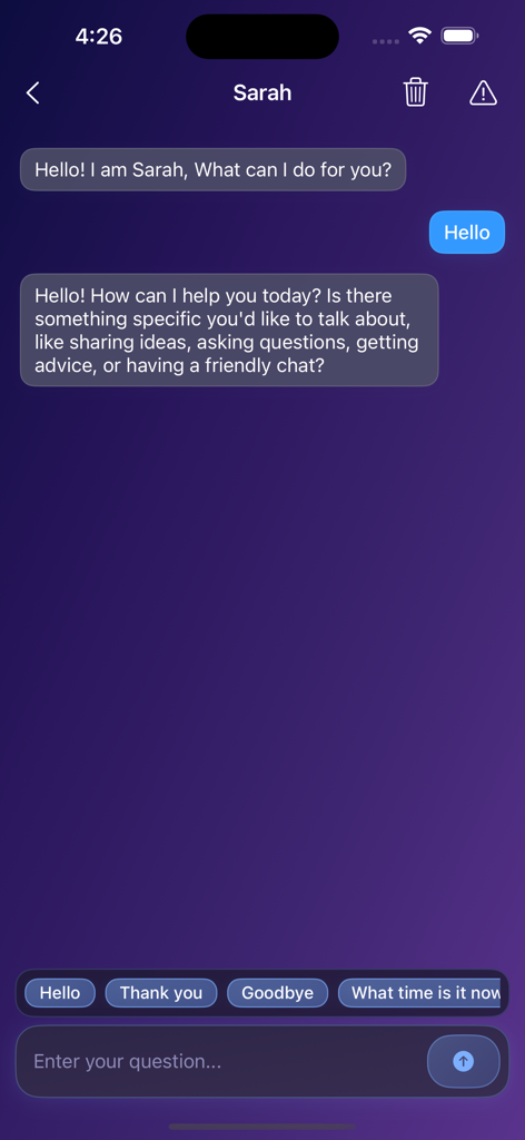 A smartphone screen showing a chat conversation with an AI assistant named Sarah in the TalkTide app