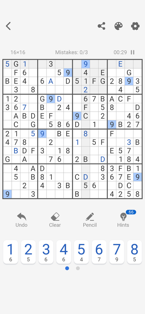 A large 16x16 Sudoku puzzle grid featuring numbers and letters for brain training.