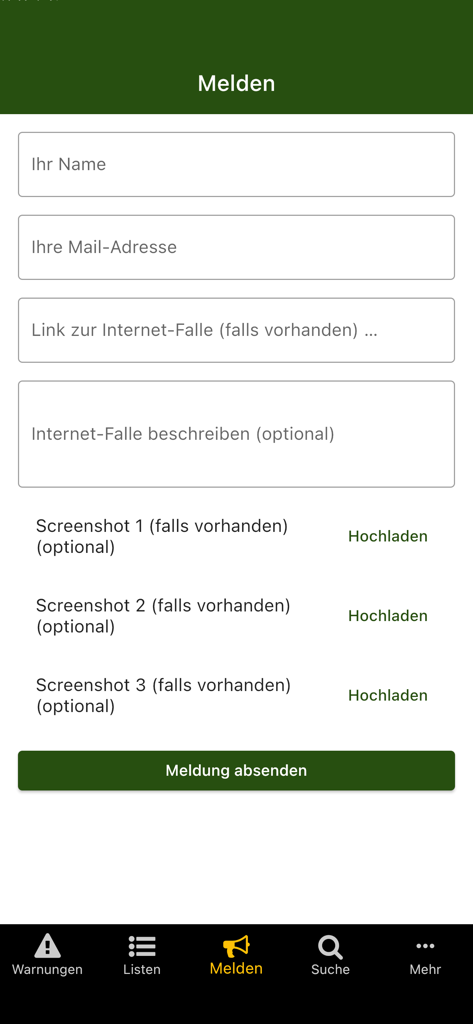 A reporting form in the Watchlist Internet app for submitting details about internet scams and fake shops including name, email, link, and screenshots.