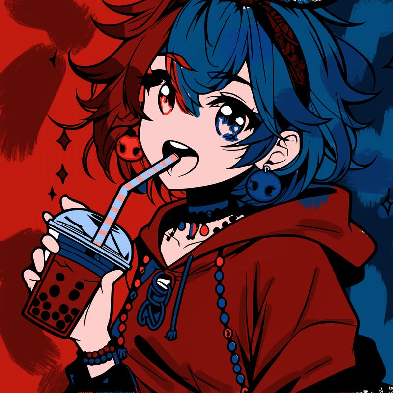 hot baddie anime girl drinking boba and biting the straw